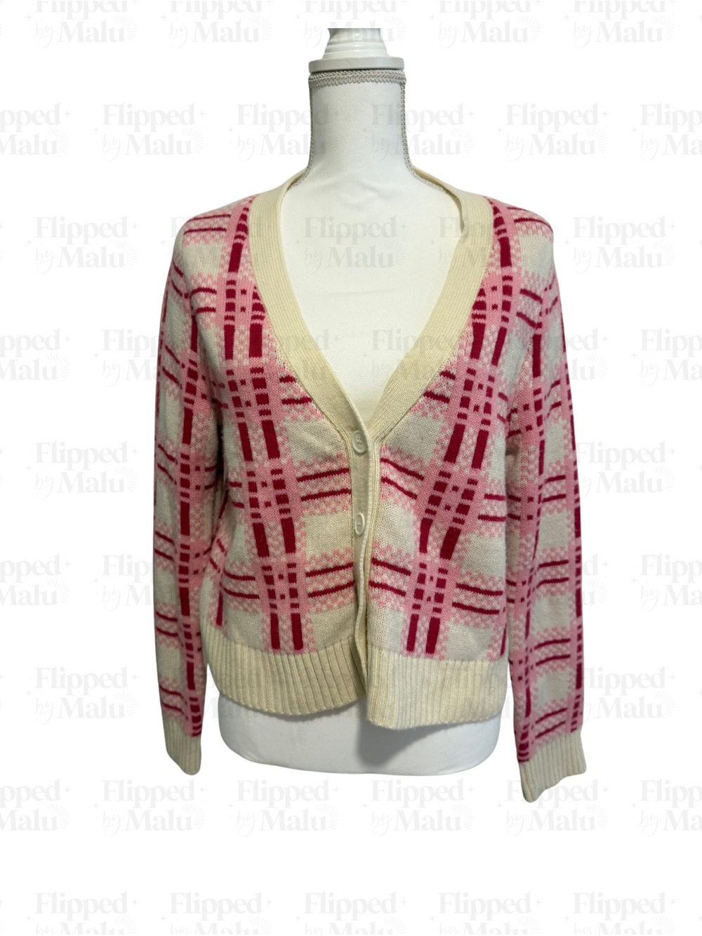 Central Park West Cream and Pink Plaid V‑Neck Cardigan